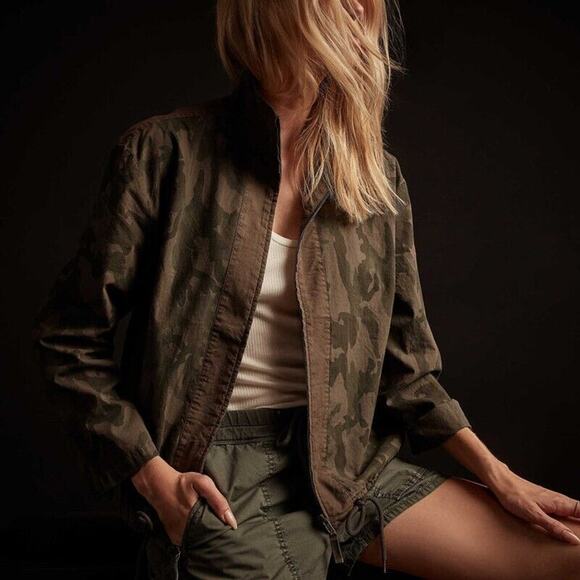 James Perse Army Green Tan Camo Print Zip Band Neck Long Sleeve Jacket 4 / XL - Picture 1 of 16